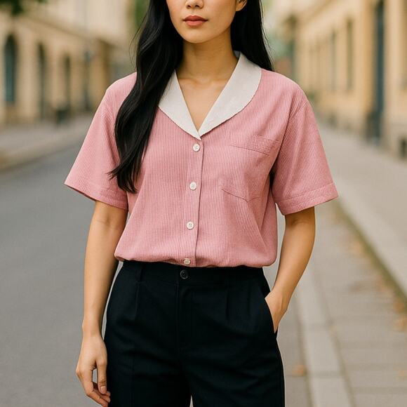 Ralph Lauren Red Vintage 1980s White Striped Cotton Button Down Blouse - Picture 2 of 9